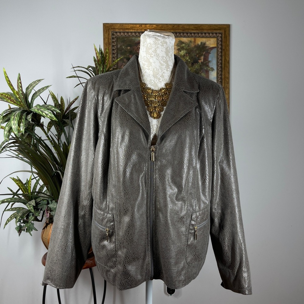 JM Collection Jacket Women 14 Gray Faux Leather Snake Embossed Metallic Moto Zip